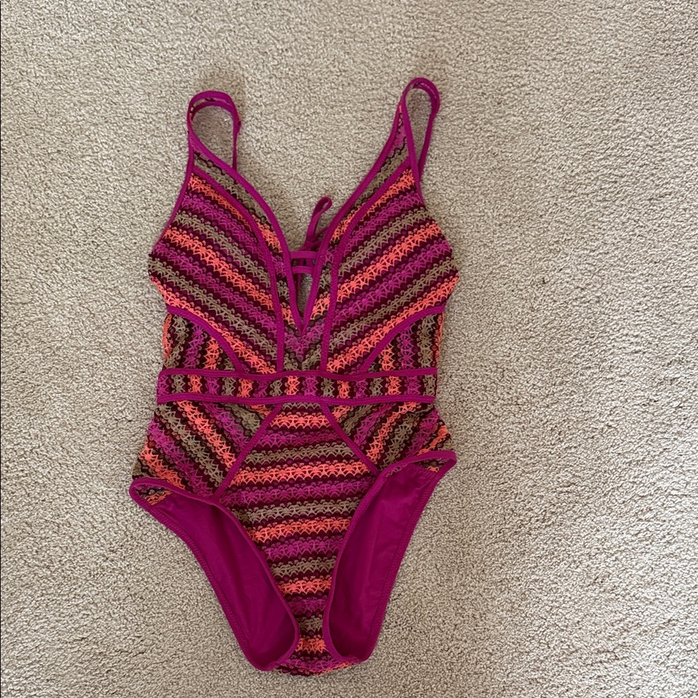BECCA Pink and Orange Striped One Piece Swimsuit